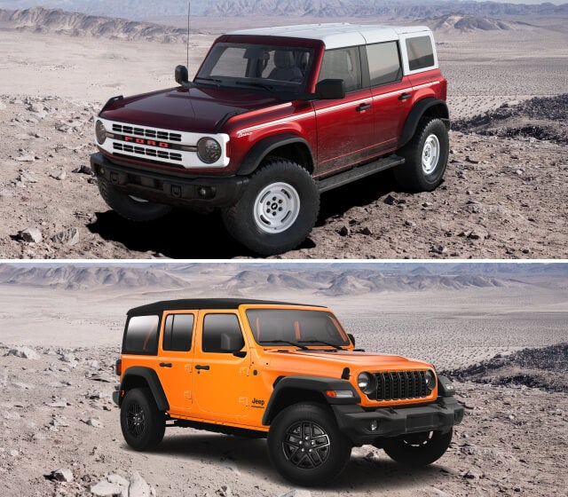 Photos of a red Ford Bronco parked on a rocky desert hill and an orange Jeep Wrangler parked on the same hill.