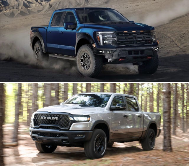 A blue Ford F-150 drives down a dusty desert road. A silver RAM 1500 drives down a forest trail.