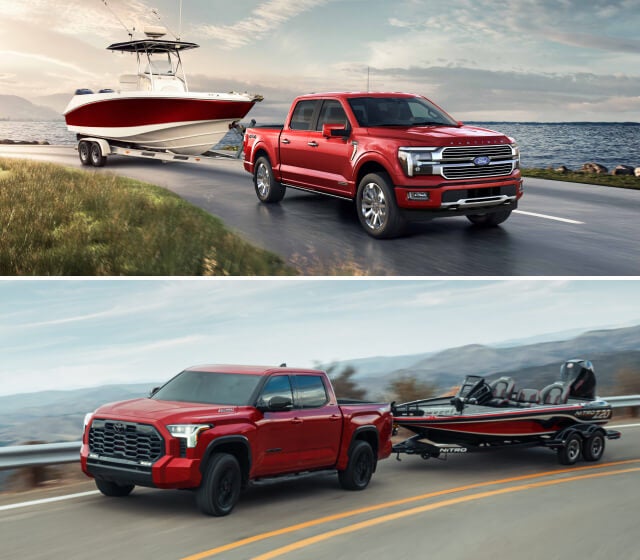 Two photos, one of a red Ford F-150 and another of a red Toyota Tundra. Both are towing boats.