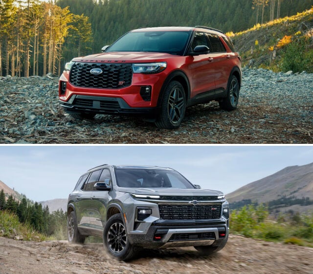 A red Ford Explorer parked in a forest clearing. A silver Chevy Traverse driving on a mountain trail.
