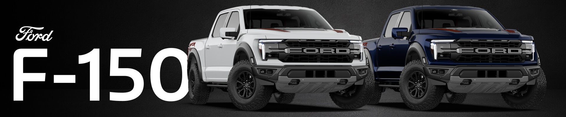 Front three-quarter view of white and dark blue Ford F-150 Raptor on a dark studio background.