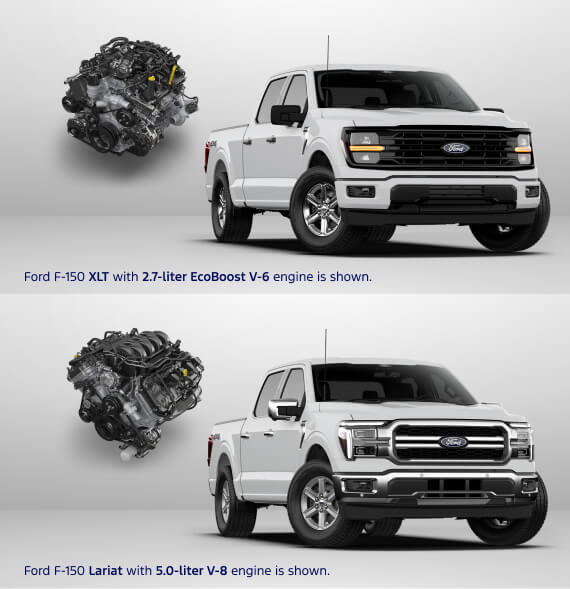 Split view of front three quarter angled white Ford F-150 XLT trim with 2.7-liter EcoBoost V-6 engine and Lariat trim with 5.0-liter V-8 engine on a grey background.