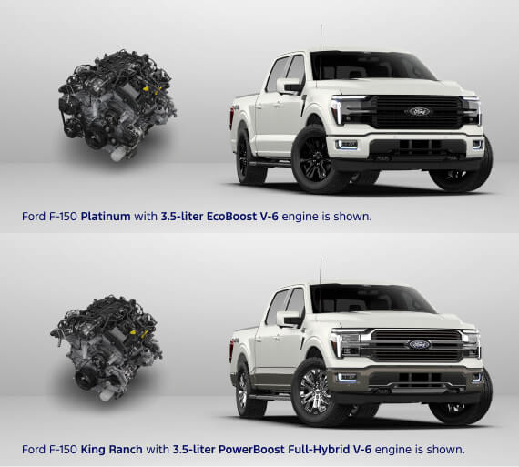 Split view of front three quarter angled white Ford F-150 Platinum trim with 3.5-liter EcoBoost V-6 engine and King Ranch trim with 3.5-liter PowerBoost Full-Hybrid V-6 engine on a grey background.