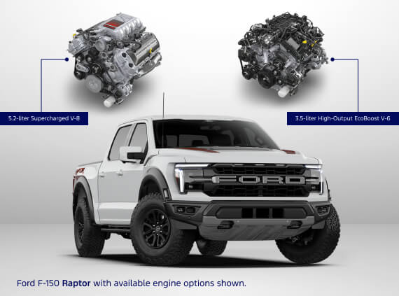Front three-quarter view of a white Ford F-150 Raptor with 3.5-liter High-Output EcoBoost V-6 and 5.2-liter Supercharged V-8 engine options on a grey background.